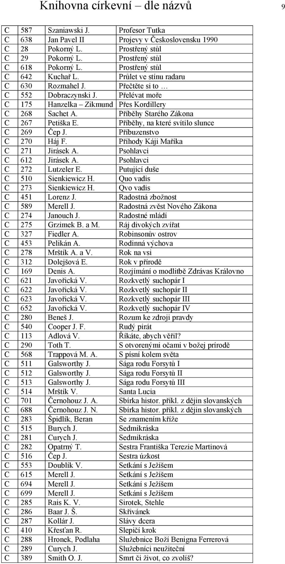 Příběhy Starého Zákona C 267 Petiška E. Příběhy, na které svítilo slunce C 269 Čep J. Příbuzenstvo C 270 Háj F. Příhody Káji Maříka C 271 Jirásek A. Psohlavci C 612 Jirásek A.