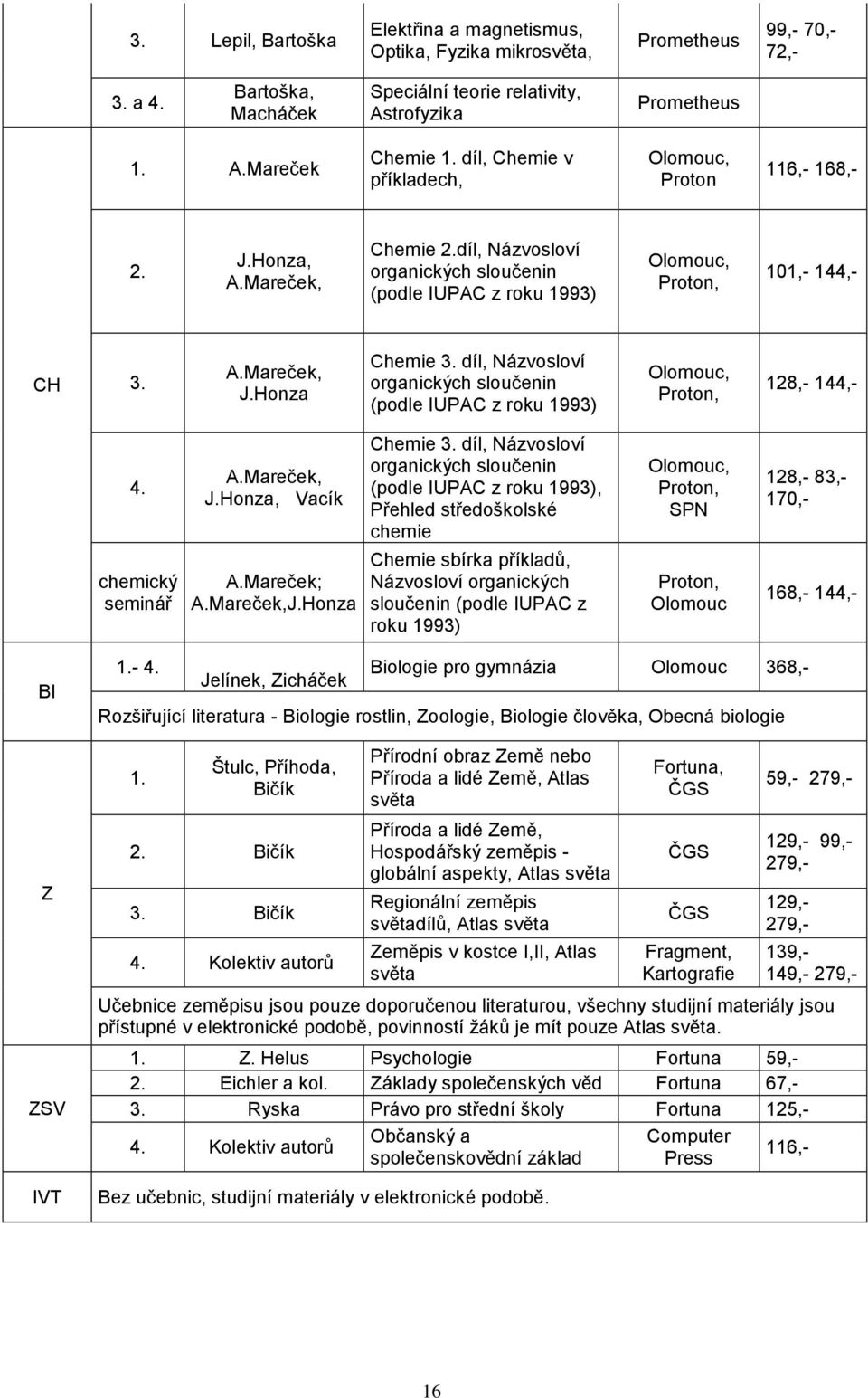 Honza Chemie 3. díl, Názvosloví organických sloučenin (podle IUPAC z roku 1993) Olomouc, Proton, 128,- 144,- 4. A.Mareček, J.Honza, Vacík Chemie 3.