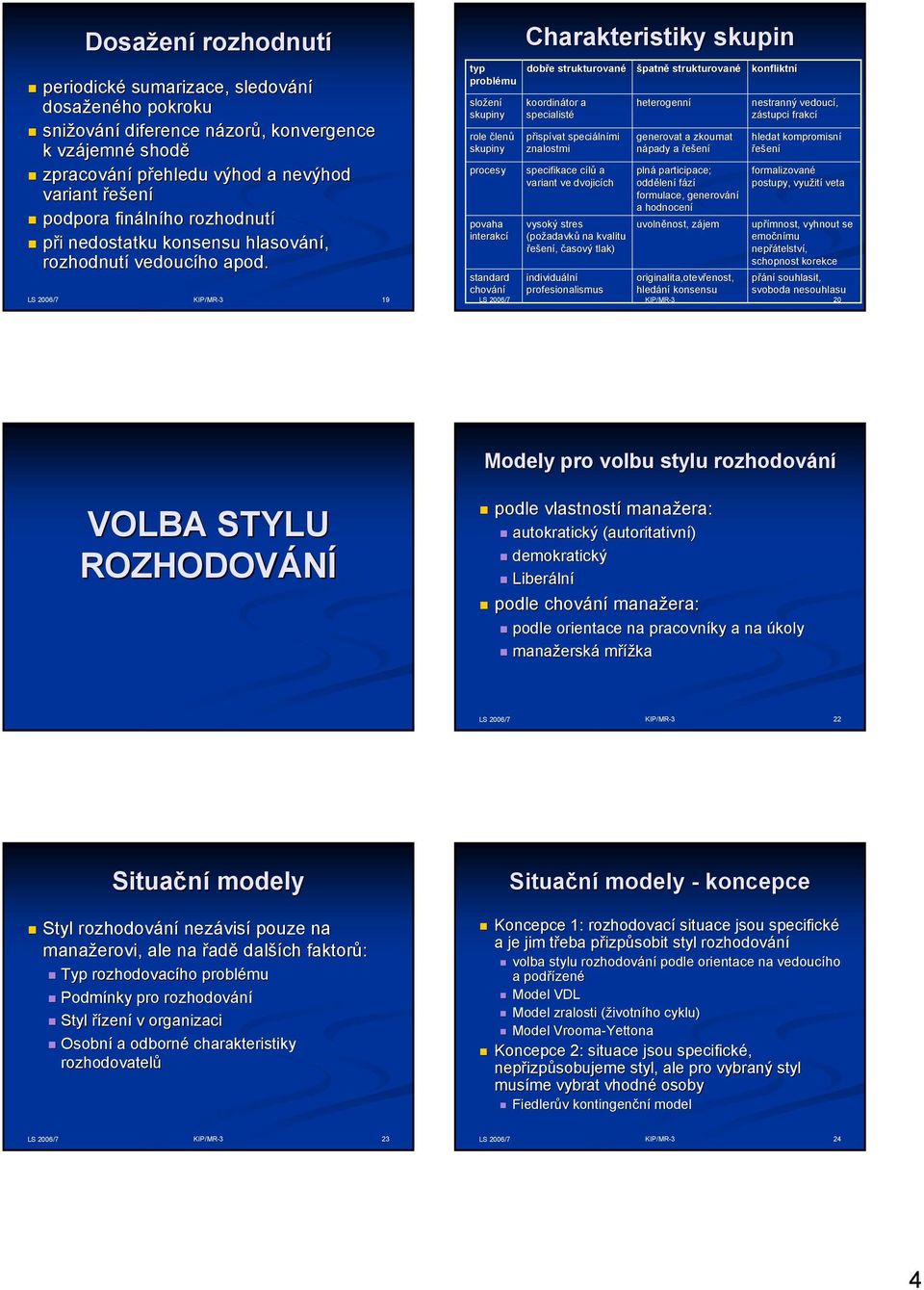 9 typ problému složen ení skupiny role členů skupiny procesy povaha interakcí Charakteristiky skupin dobře e strukturované koordinátor a specialisté přispívat speciáln lními znalostmi specifikace