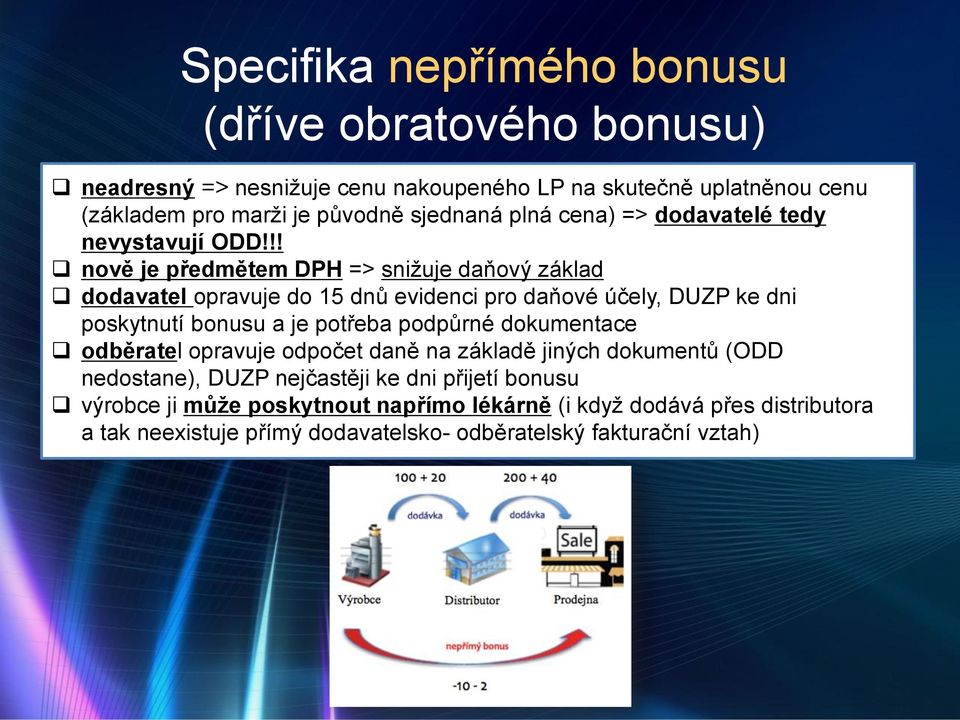 !! nově je předmětem DPH => snižuje daňový základ dodavatel opravuje do 15 dnů evidenci pro daňové účely, DUZP ke dni poskytnutí bonusu a je potřeba podpůrné