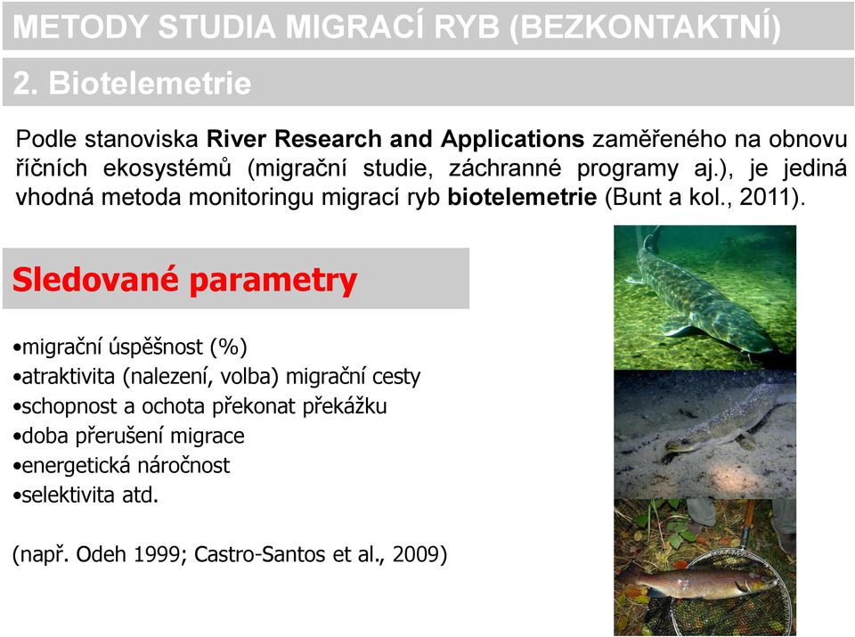 záchranné programy aj.), je jediná vhodná metoda monitoringu migrací ryb biotelemetrie (Bunt a kol., 2011).