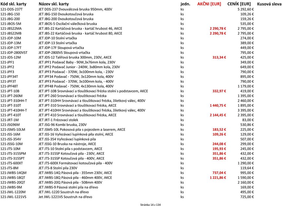 2 290,78 2 795,00 121-JDP-10M JET JDP-10 Stolní vrtačka ks 274,00 121-JDP-13M JET JDP-13 Stolní vrtačka ks 389,00 121-JDP-17FT JET JDP-17F Sloupová vrtačka ks 449,00 121-JDP-2800VST JET JDP-2800VS