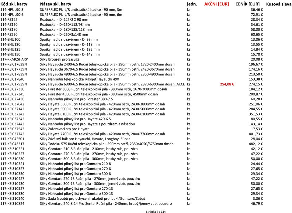 hadic s uzávěrem - D=118 mm ks 13,55 114-SHU125 Spojky hadic s uzávěrem - D=123 mm ks 14,84 114-SHU150 Spojky hadic s uzávěrem - D=148 mm ks 15,78 117-KKMCSHARP Silky Brousek pro Sasuga ks 20,08