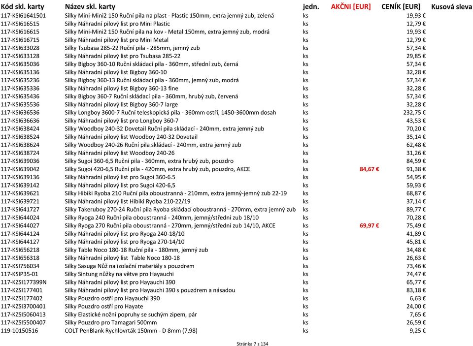 jemný zub ks 57,34 117-KSI633128 Silky Náhradní pilový list pro Tsubasa 285-22 ks 29,85 117-KSI635036 Silky Bigboy 360-10 Ruční skládací pila - 360mm, střední zub, černá ks 57,34 117-KSI635136 Silky