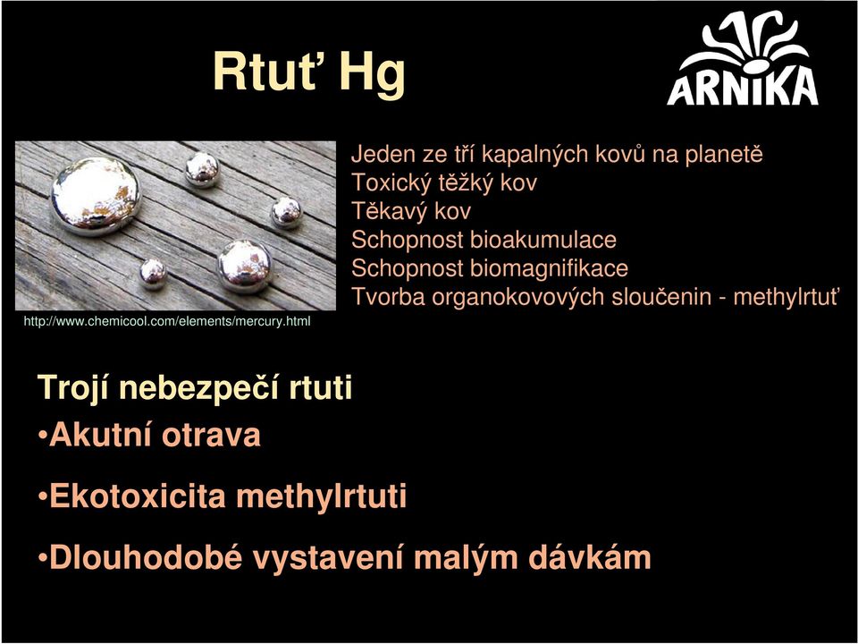 Schopnost bioakumulace Schopnost biomagnifikace Tvorba organokovových