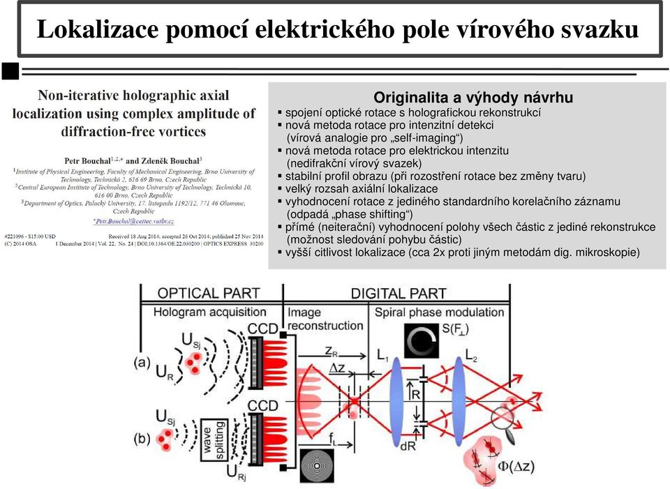 rozostření rotace bez změny tvaru) velký rozsah axiální lokalizace vyhodnocení rotace z jediného standardního korelačního záznamu (odpadá phase shifting ) přímé