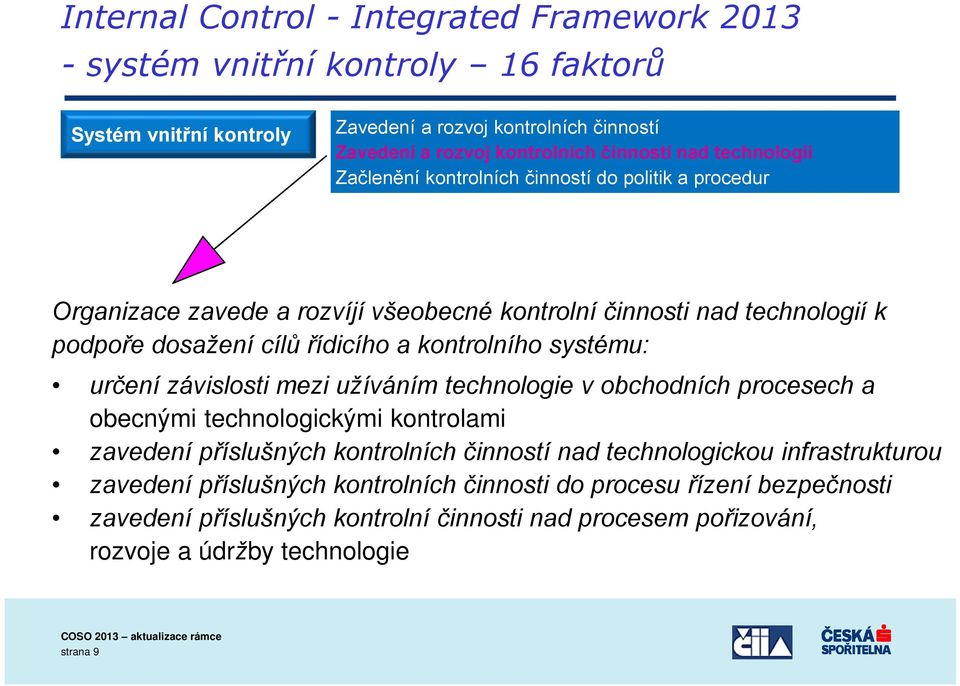 kontrolního systému: určení závislosti mezi užíváním technologie v obchodních procesech a obecnými technologickými kontrolami zavedení příslušných kontrolních činností nad