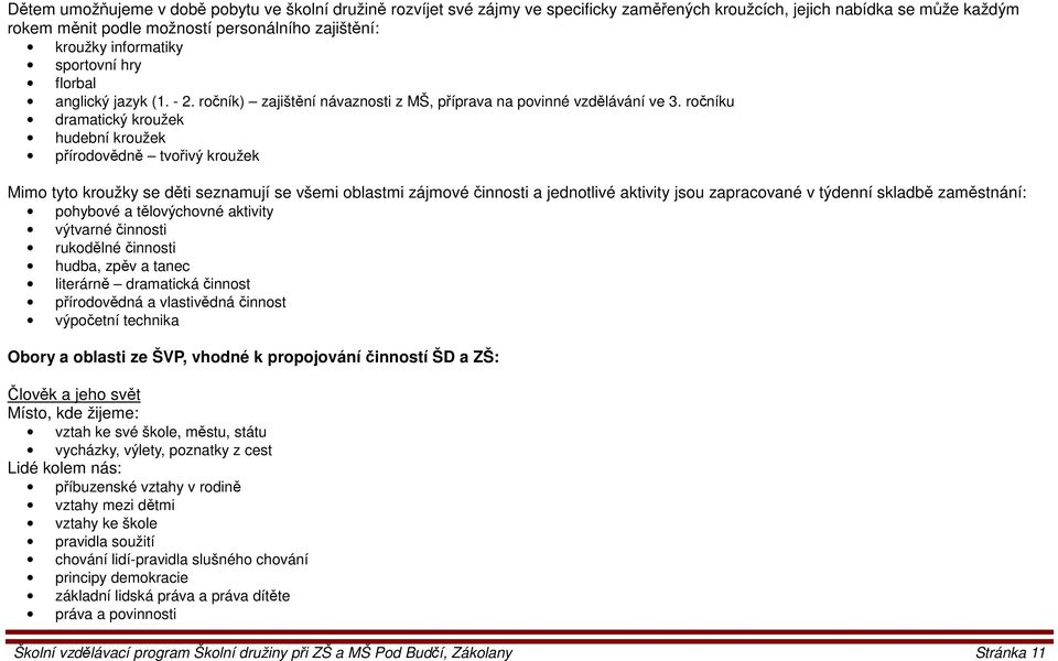 ročníku dramatický kroužek hudební kroužek přírodovědně tvořivý kroužek Mimo tyto kroužky se děti seznamují se všemi oblastmi zájmové činnosti a jednotlivé aktivity jsou zapracované v týdenní skladbě
