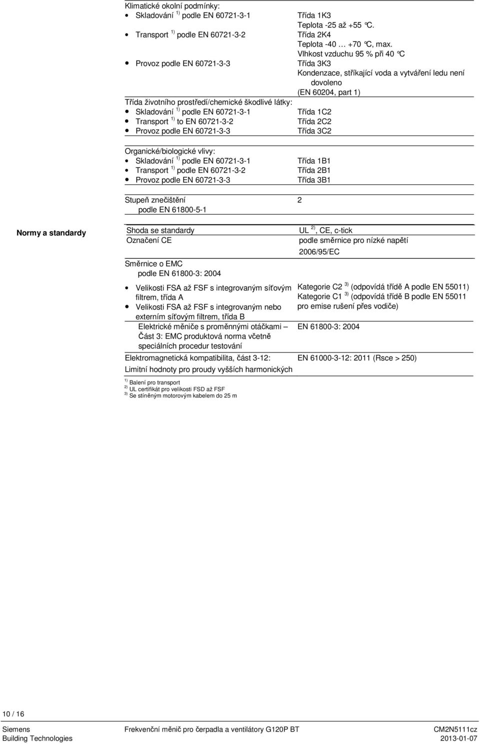Vlhkost vzduchu 95 % při 40 C Třída 3K3 Kondenzace, stříkající voda a vytváření ledu není dovoleno (EN 60204, part 1) Třída 1C2 Třída 2C2 Třída 3C2 Organické/biologické vlivy: Skladování 1) podle EN