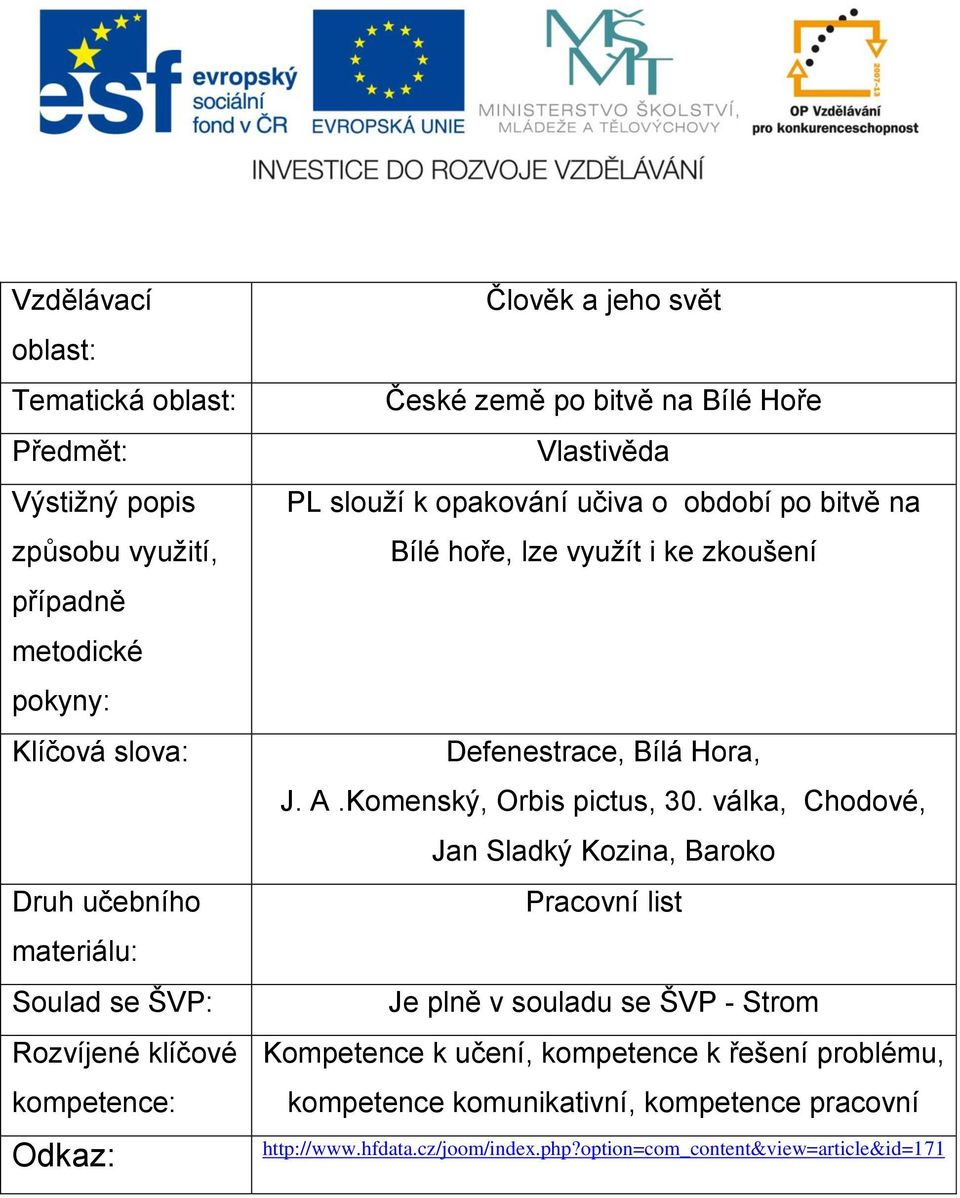 využít i ke zkoušení Defenestrace, Bílá Hora, J. A.Komenský, Orbis pictus, 30.