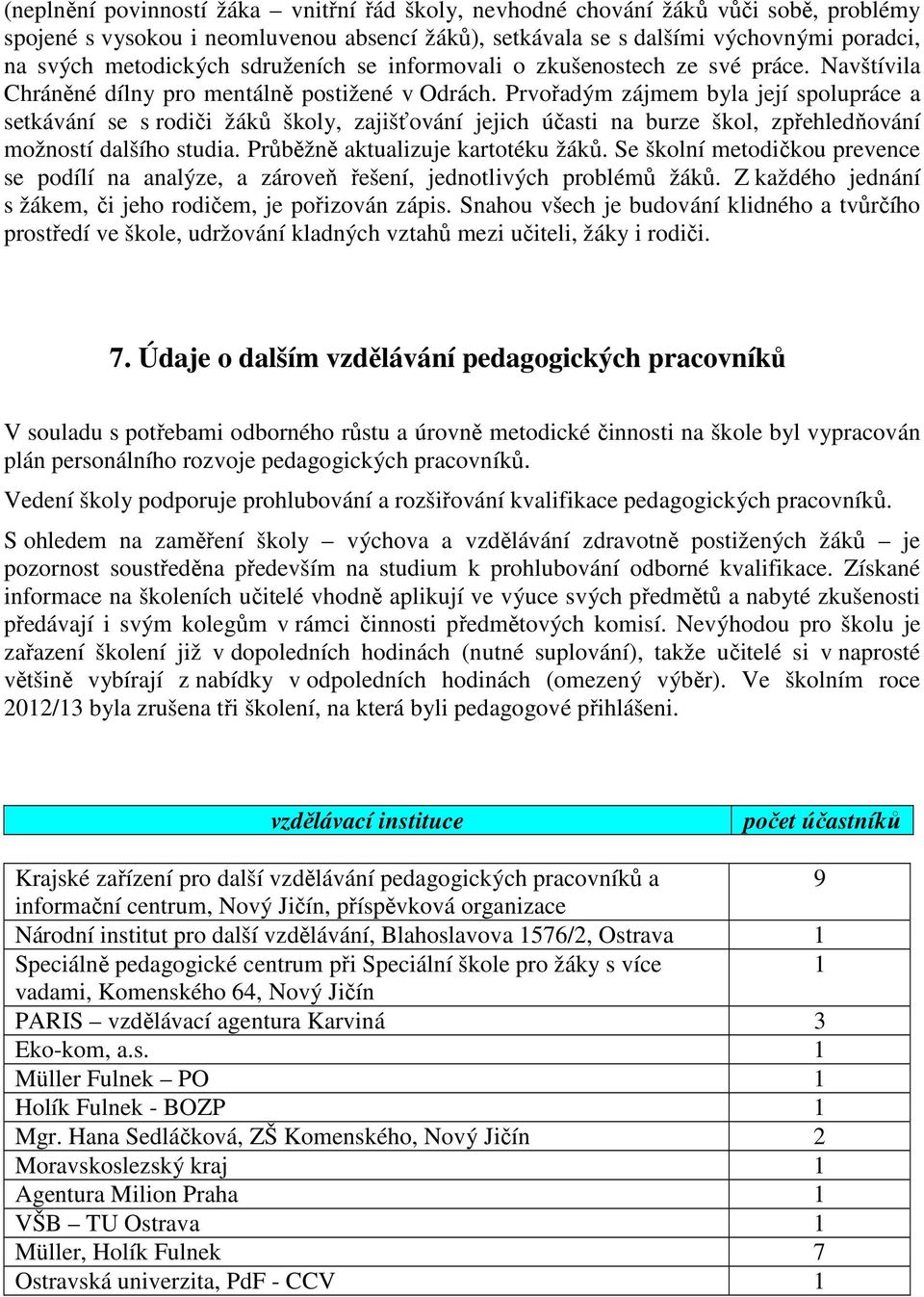 Prvořadým zájmem byla její spolupráce a setkávání se s rodiči žáků školy, zajišťování jejich účasti na burze škol, zpřehledňování možností dalšího studia. Průběžně aktualizuje kartotéku žáků.