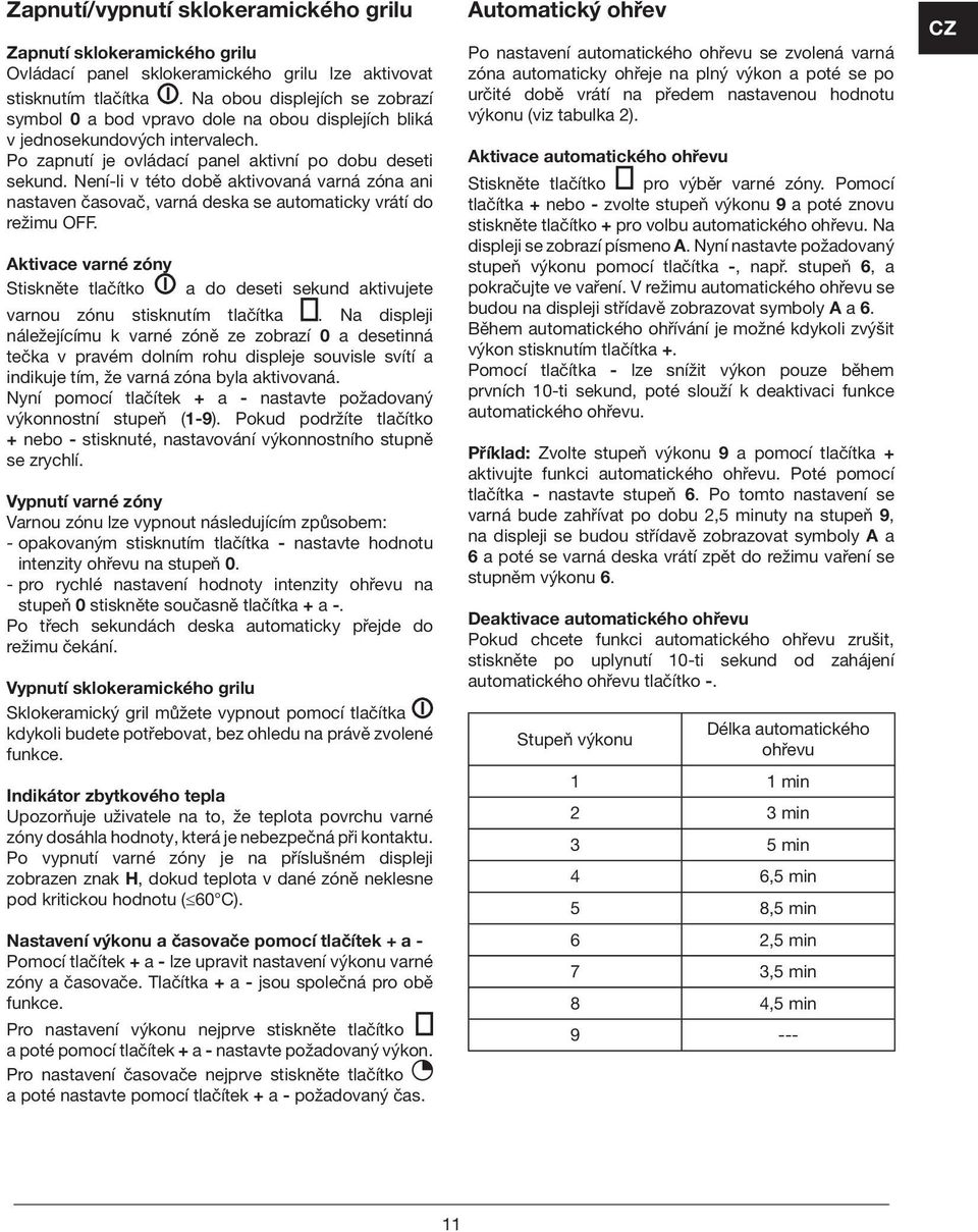 Není-li v této době aktivovaná varná zóna ani nastaven časovač, varná deska se automaticky vrátí do režimu OFF.