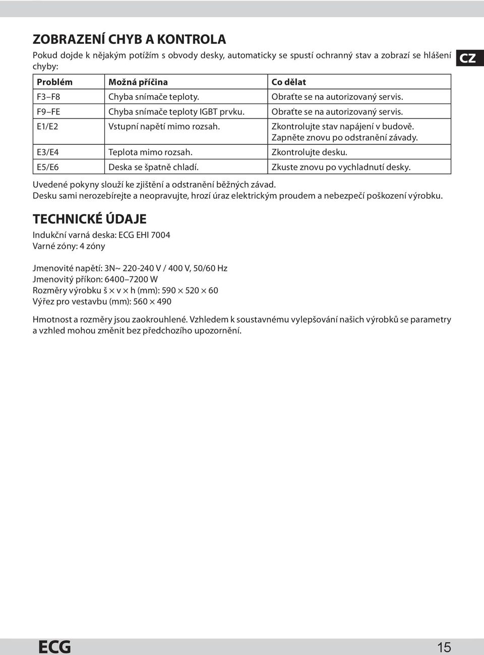 Zapněte znovu po odstranění závady. E3/E4 Teplota mimo rozsah. Zkontrolujte desku. E5/E6 Deska se špatně chladí. Zkuste znovu po vychladnutí desky.