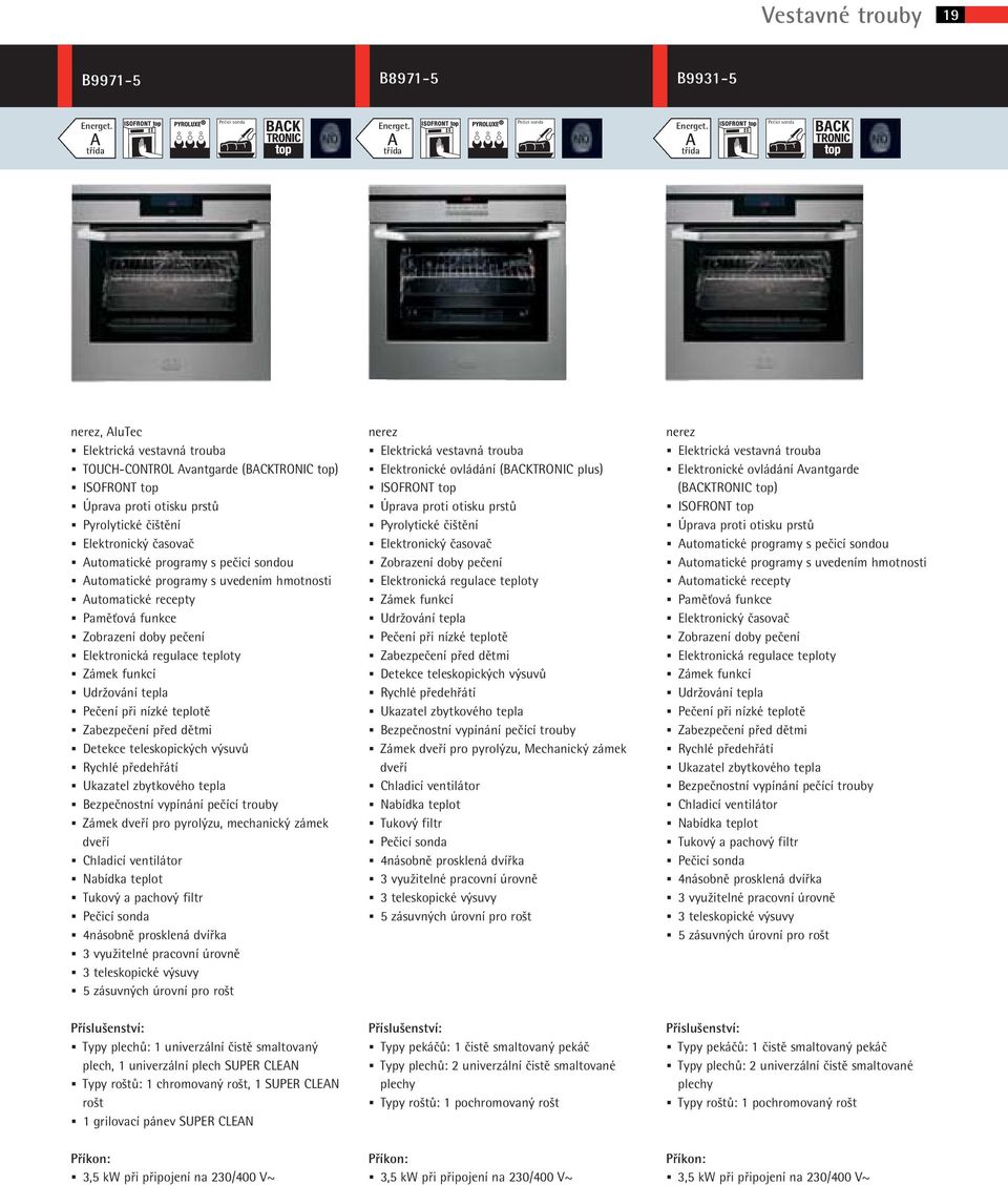 Pečicí sonda nerez, lutec Elektrická vestavná trouba TOUCH-CONTROL vantgarde (BCKTRONIC top) ISOFRONT top Úprava proti otisku prstů Pyrolytické čištění Elektronický časovač utomatické programy s