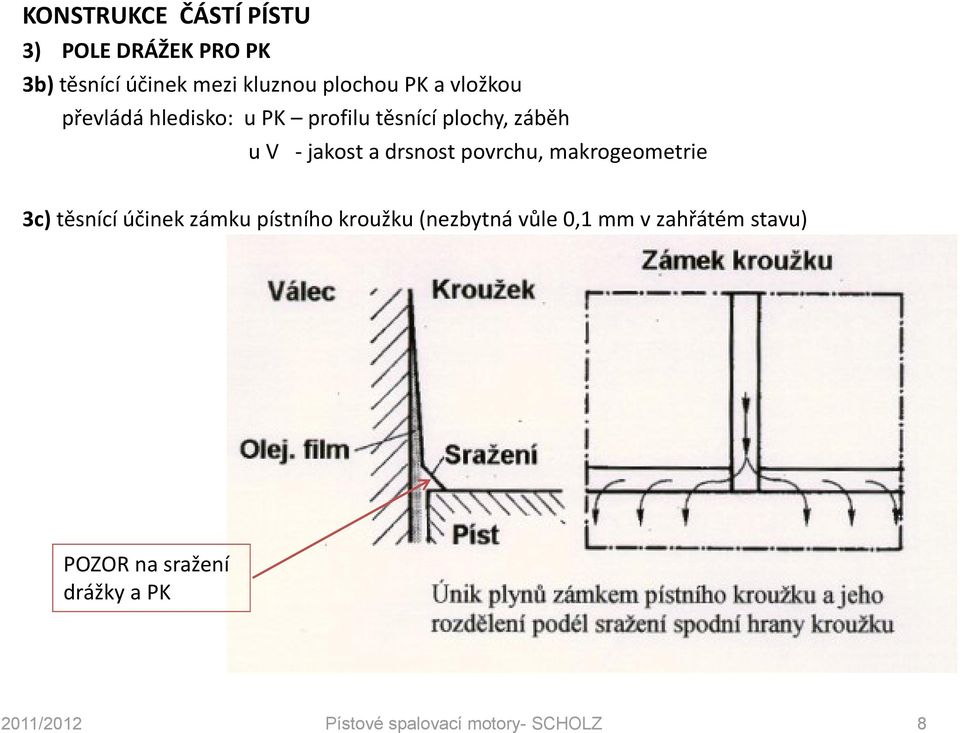 povrchu, makrogeometrie 3c) těsnící účinek zámku pístního kroužku (nezbytná vůle