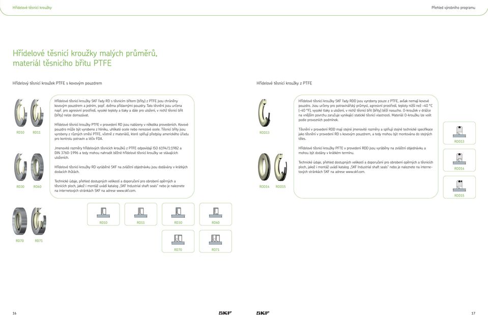 pro agresivní prostředí, vysoké teploty a tlaky a dále pro uložení, v nichž těsnicí břit (břity) nelze domazávat. Hřídelové těsnicí kroužky PTFE v provedení RD jsou nabízeny v několika provedeních.