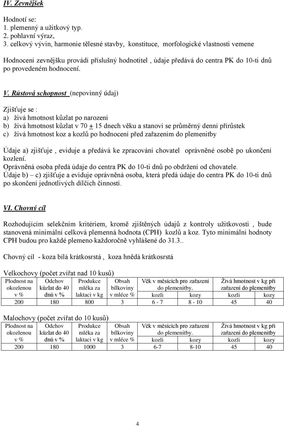 Růstová schopnost (nepovinný údaj) Zjišťuje se : a) živá hmotnost kůzlat po narození b) živá hmotnost kůzlat v 70 + 15 dnech věku a stanoví se průměrný denní přírůstek c) živá hmotnost koz a kozlů po