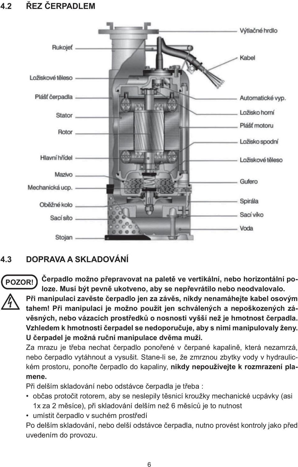 Při manipulaci je možno použít jen schválených a nepoškozených závěsných, nebo vázacích prostředků o nosnosti vyšší než je hmotnost čerpadla.