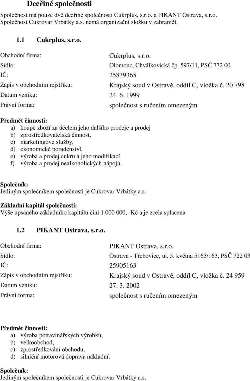 1999 Právní forma: Předmět činnosti: a) koupě zboží za účelem jeho dalšího prodeje a prodej b) zprostředkovatelská činnost, c) marketingové služby, d) ekonomické poradenství, e) výroba a prodej cukru