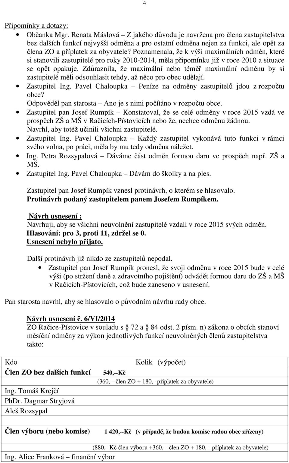 Poznamenala, že k výši maximálních odměn, které si stanovili zastupitelé pro roky 2010-2014, měla připomínku již v roce 2010 a situace se opět opakuje.