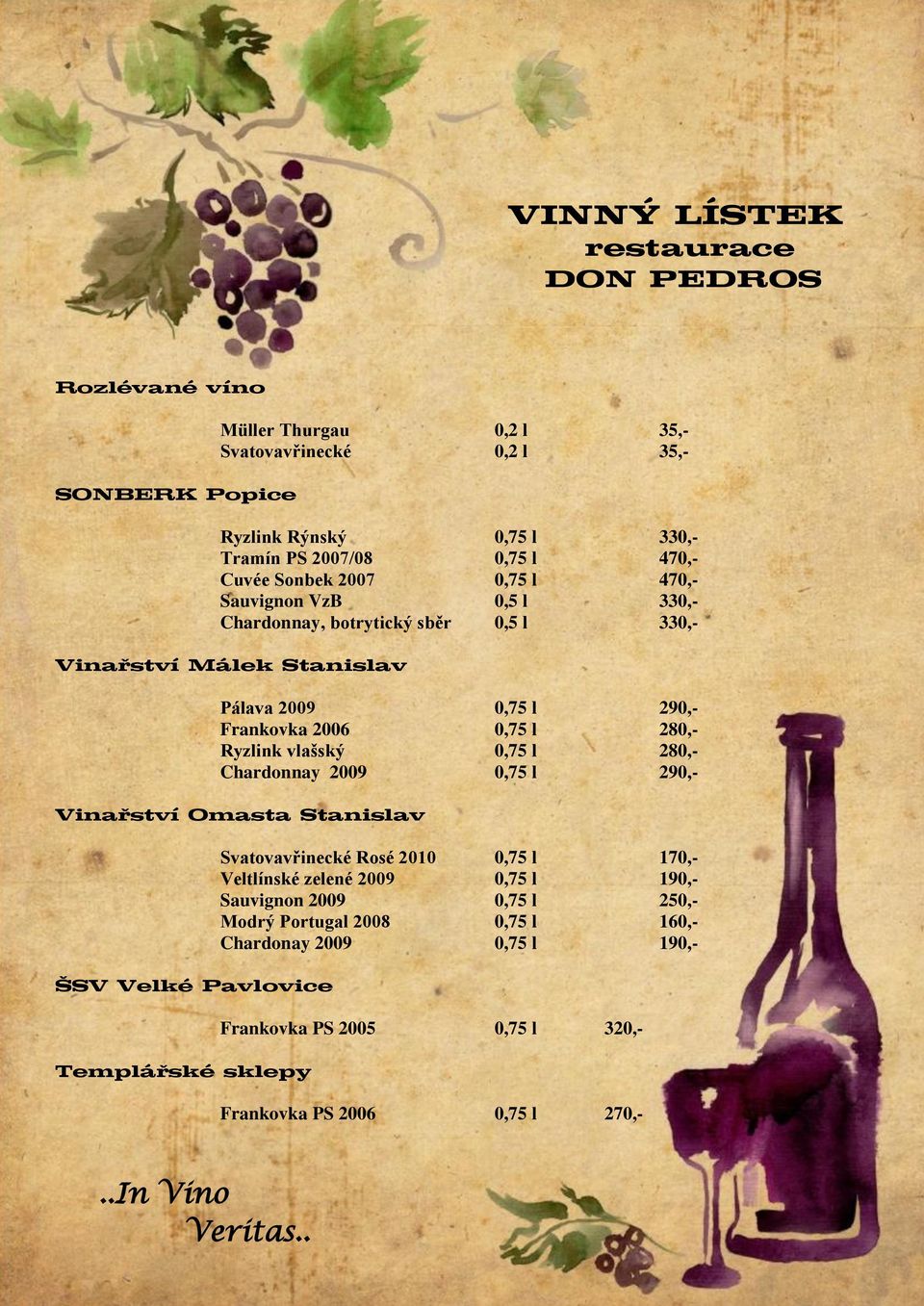 Ryzlink vlašský 0,75 l 280,- Chardonnay 2009 0,75 l 290,- Vinařství Omasta Stanislav ŠSV Velké Pavlovice Templářské sklepy Svatovavřinecké Rosé 2010 0,75 l 170,- Veltlínské zelené