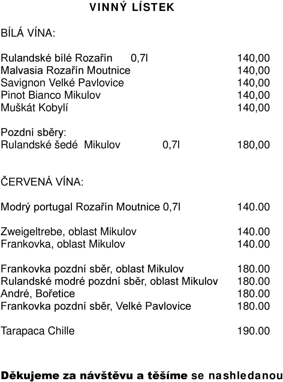 00 Zweigeltrebe, oblast Mikulov 140.00 Frankovka, oblast Mikulov 140.00 Frankovka pozdní sběr, oblast Mikulov 180.