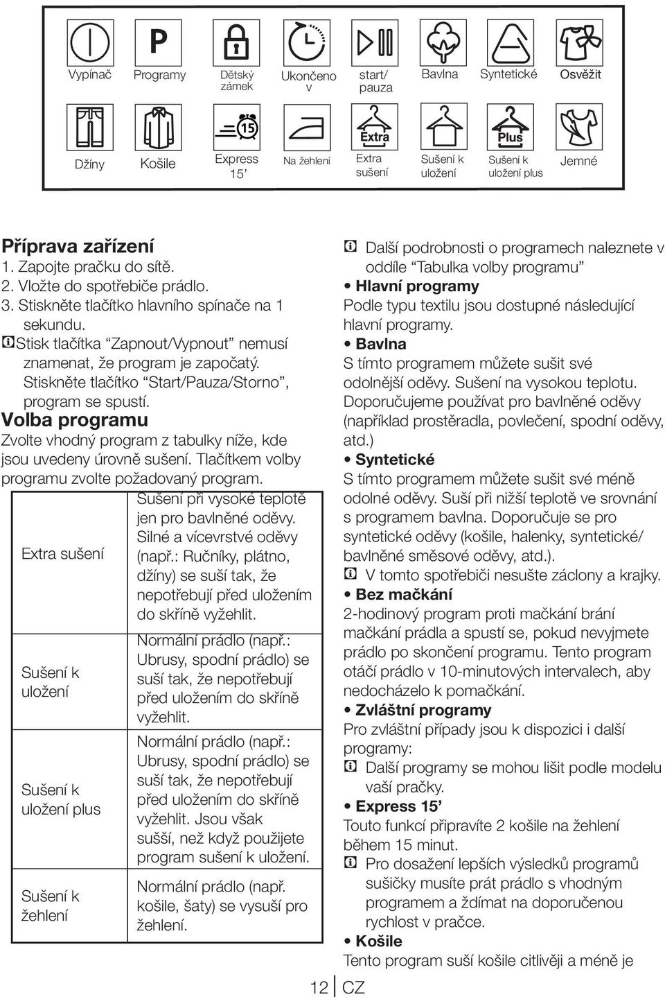 Stiskněte tlačítko Start/Pauza/Storno, program se spustí. Volba programu Zvolte vhodný program z tabulky níže, kde jsou uvedeny úrovně sušení. Tlačítkem volby programu zvolte požadovaný program.