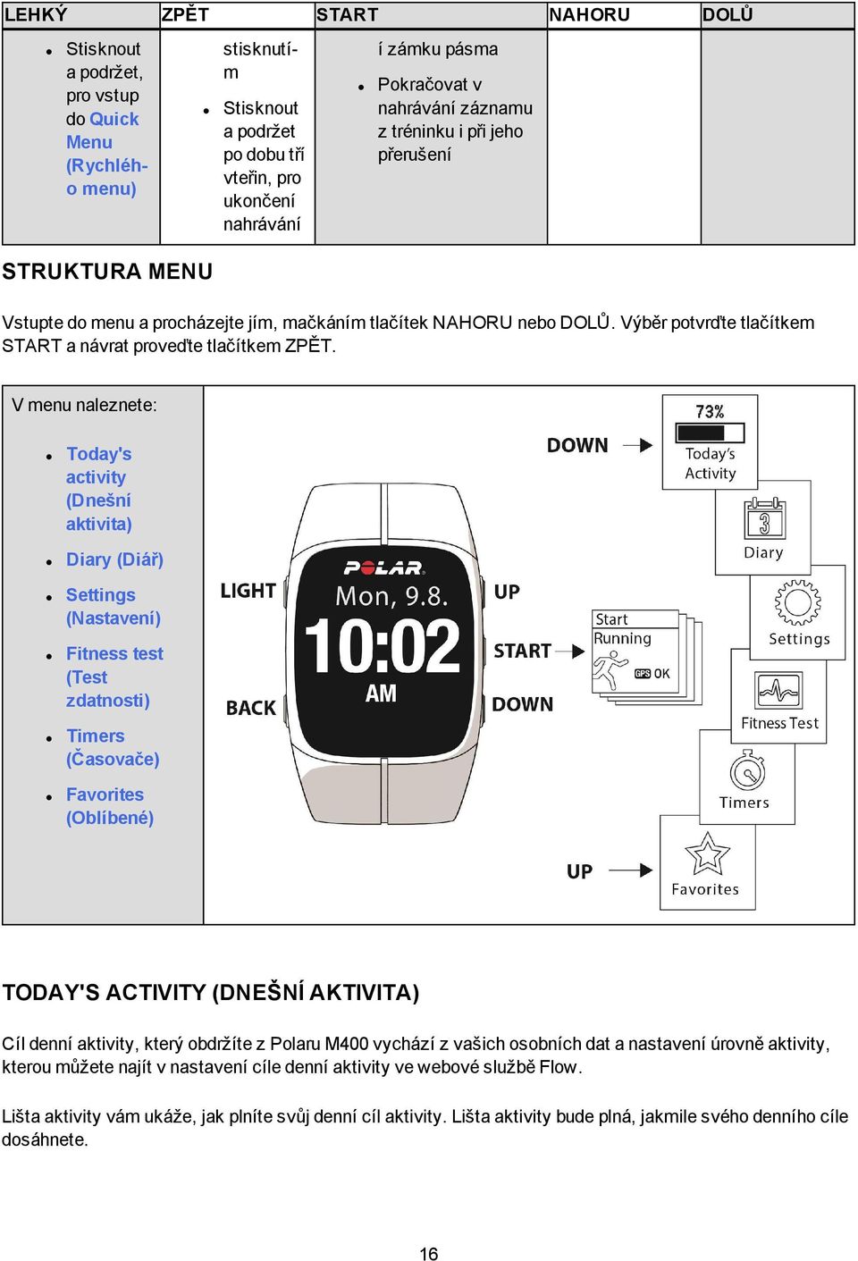 V menu naleznete: Today's activity (Dnešní aktivita) Diary (Diář) Settings (Nastavení) Fitness test (Test zdatnosti) Timers (Časovače) Favorites (Oblíbené) TODAY'S ACTIVITY (DNEŠNÍ AKTIVITA) Cíl