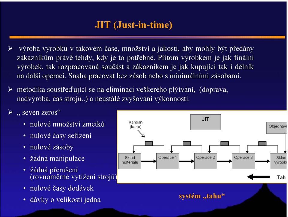 Snaha pracovat bez zásob nebo s minimálními zásobami. metodika soustřeďující se na eliminaci veškerého plýtvání, (doprava, nadvýroba, čas strojů.