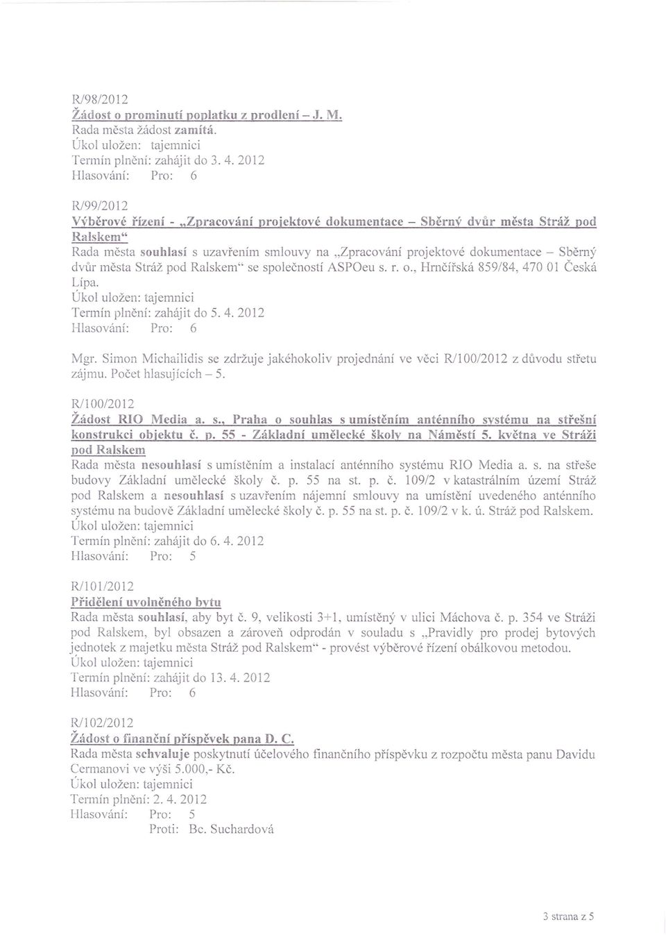 Stráž pod Ralskem" se společností ASPOeu s. r. o., Hrnčířská 859/84, 470 01 Česká Lípa. Termín plnění: zahájit do 5. 4. 2012 Mgr.