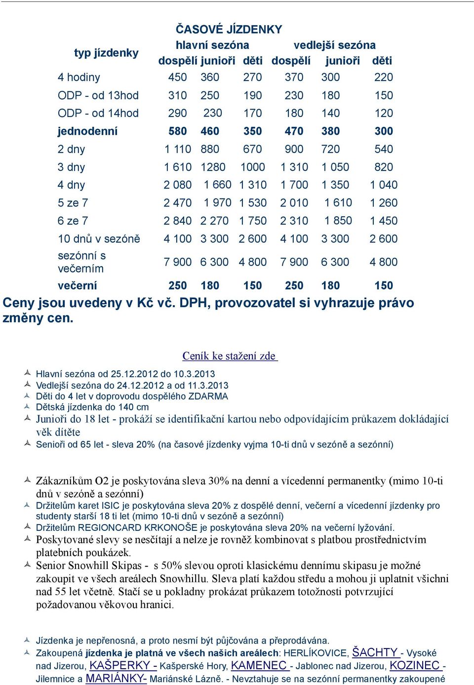 260 6 ze 7 2 840 2 270 1 750 2 310 1 850 1 450 10 dnů v sezóně 4 100 3 300 2 600 4 100 3 300 2 600 sezónní s večerním 7 900 6 300 4 800 7 900 6 300 4 800 večerní 250 180 150 250 180 150 Ceny jsou