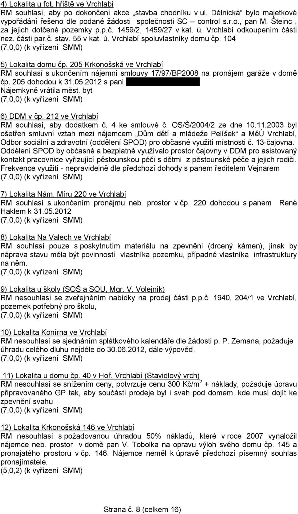 205 Krkonošská ve Vrchlabí RM souhlasí s ukončením nájemní smlouvy 17/97/BP2008 na pronájem garáže v domě čp. 205 dohodou k 31.05.2012 s paní... Nájemkyně vrátila měst. byt 6) DDM v čp.