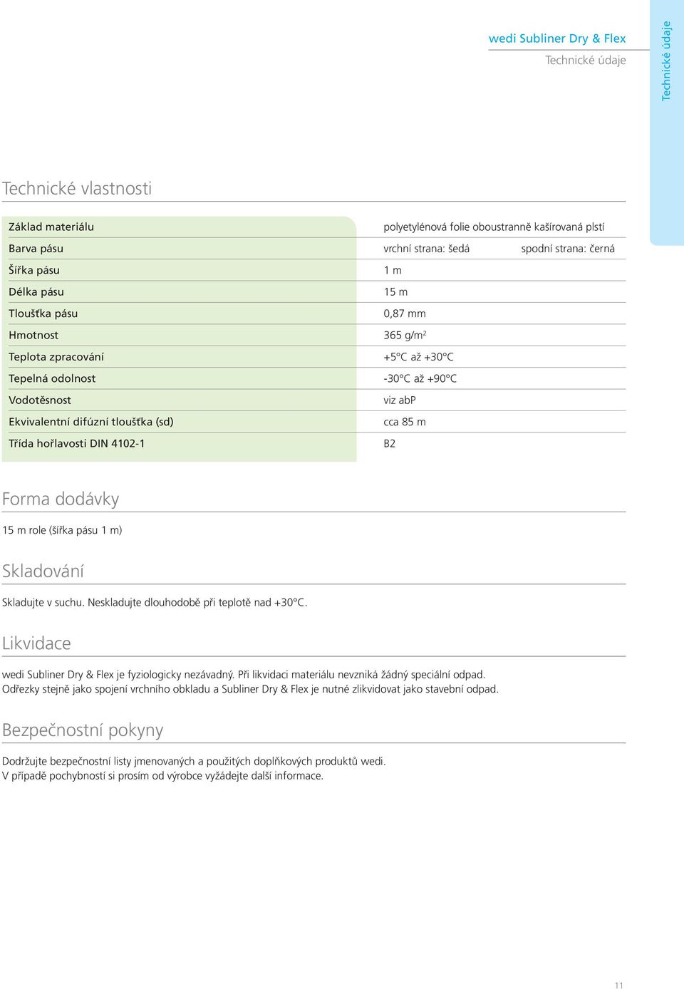 -30 C až +90 C viz abp cca 85 m B2 Forma dodávky 15 m role (šířka pásu 1 m) Skladování Skladujte v suchu. Neskladujte dlouhodobě při teplotě nad +30 C.
