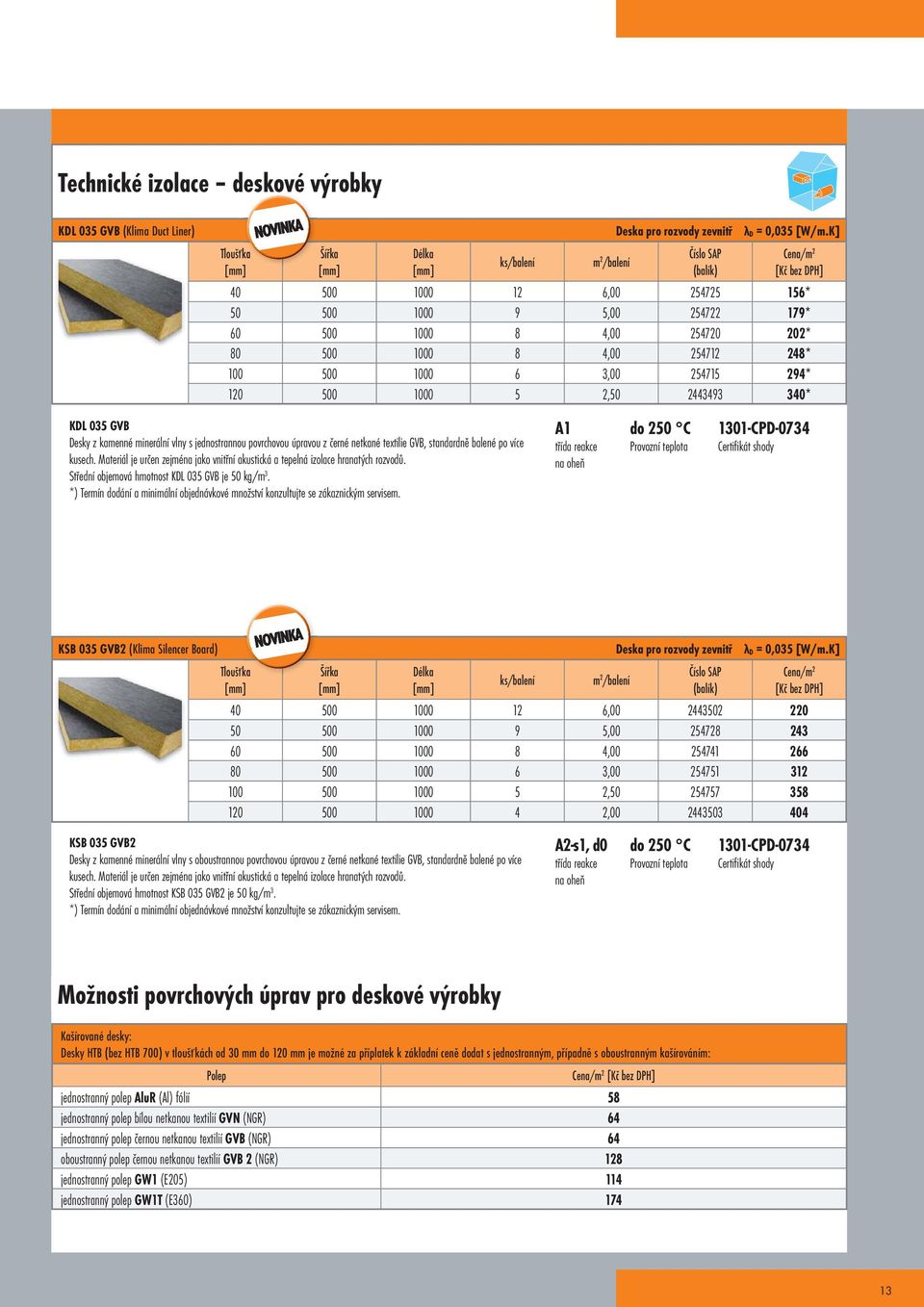 2,50 2443493 340* KDL 035 GVB Desky z kamenné minerální vlny s jednostrannou povrchovou úpravou z černé netkané textilie GVB, standardně balené po více kusech.