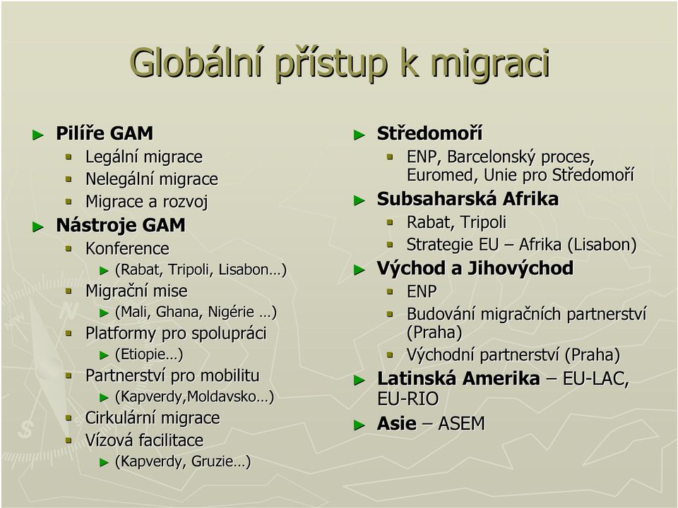 Vízová facilitace (Kapverdy,, Gruzie ) Středomoří ENP, Barcelonský proces, Euromed,, Unie pro Středomoří Subsaharská Afrika Rabat, Tripoli