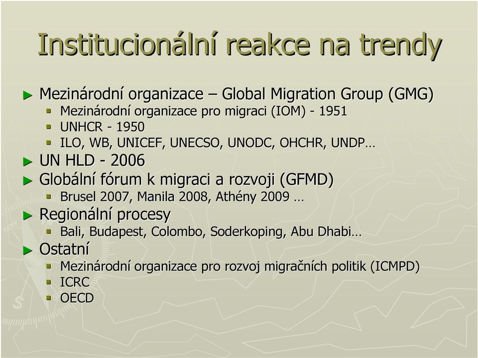 fórum k migraci a rozvoji (GFMD) Brusel 2007, Manila 2008, Athény 2009 Regionální procesy Bali, Budapest,