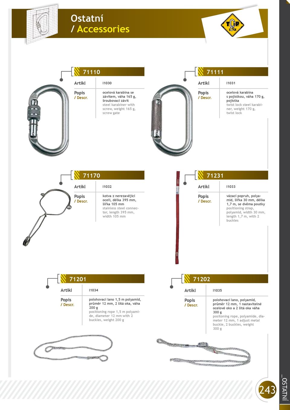 polyamid, šířka 30 mm, délka 1,7 m, se dvěma poutky positioning strap, polyamid, width 30 mm, length 1,7 m, with 2 buckles 71201 71202 I1034 I1035 polohovací lano 1,5 m polyamid, průměr 12 mm, 2 šitá