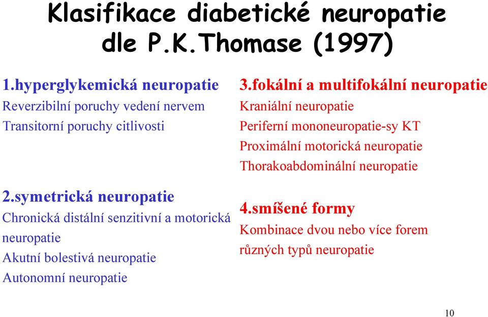 symetrická neuropatie Chronická distální senzitivní a motorická neuropatie Akutní bolestivá neuropatie Autonomní neuropatie 3.