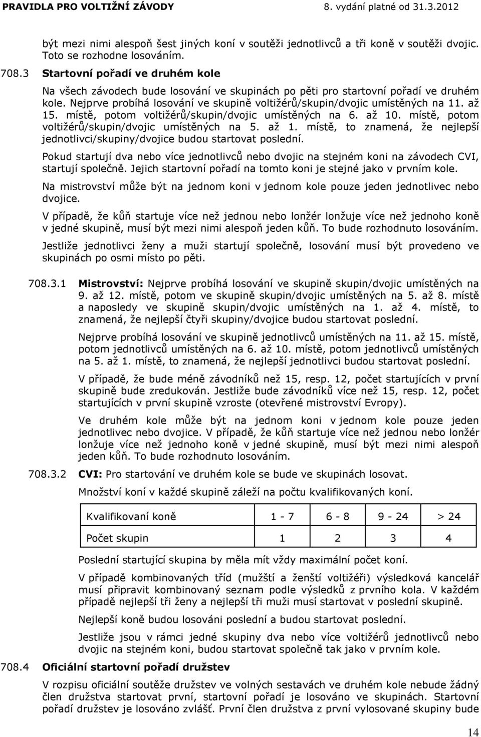 Nejprve probíhá losování ve skupině voltižérů/skupin/dvojic umístěných na 11. až 15. místě, potom voltižérů/skupin/dvojic umístěných na 6. až 10. místě, potom voltižérů/skupin/dvojic umístěných na 5.