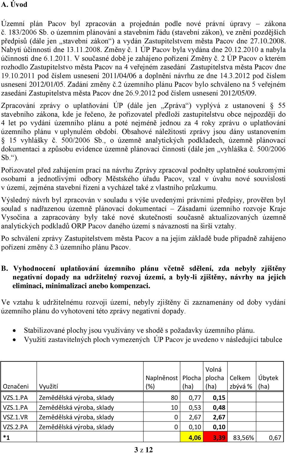 1 ÚP Pacov byla vydána dne 20.12.2010 a nabyla účinnosti dne 6.1.2011. V současné době je zahájeno pořízení Změny č.