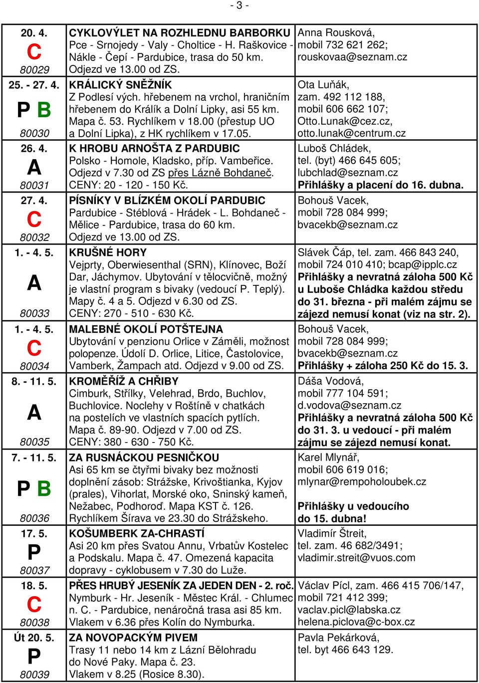 00 (pestup UO a Dolní Lipka), z HK rychlíkem v 17.05. K HROBU RNOŠT Z RDUBI olsko - Homole, Kladsko, píp. Vambeice. Odjezd v 7.30 od ZS pes Lázn Bohdane. ENY: 20-120 - 150 K.