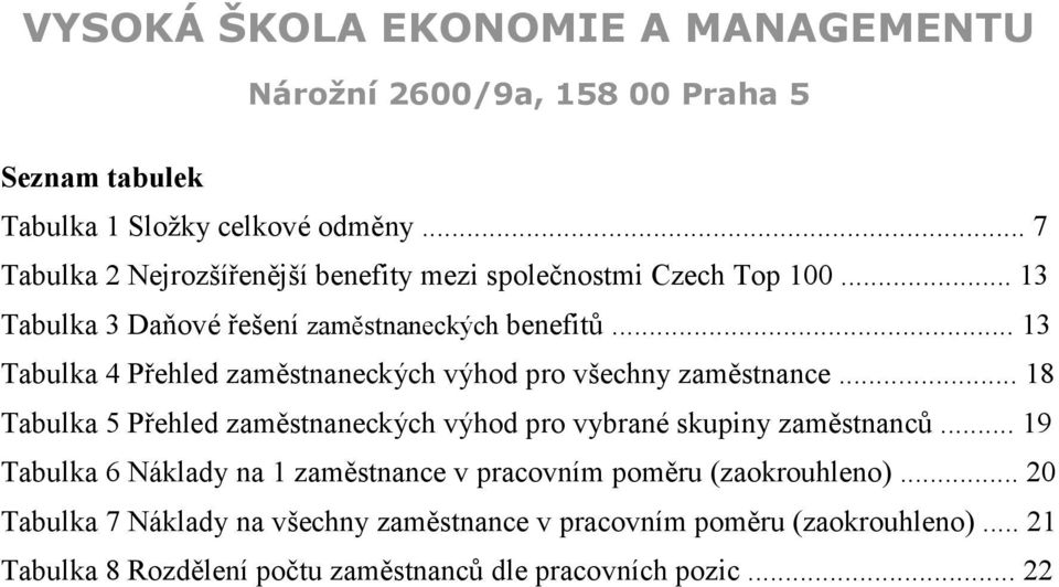 .. 18 Tabulka 5 Přehled zaměstnaneckých výhod pro vybrané skupiny zaměstnanců.