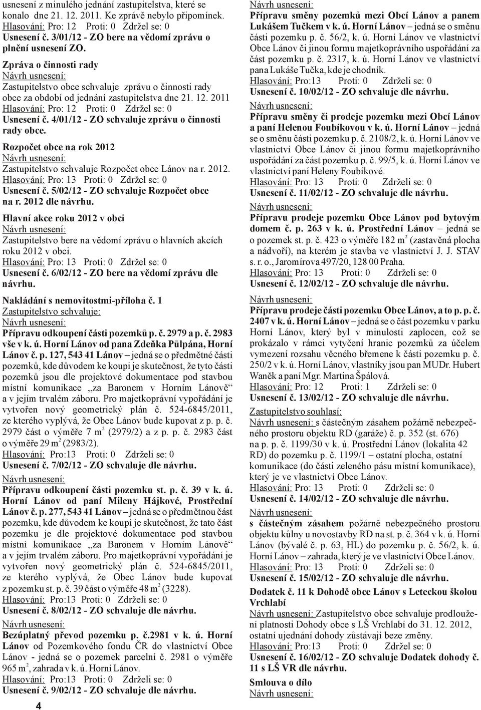 10/02/12 - Z chluj dl árhu. bc z bdbí d jdáí zupl d 21. 12. 2011 Hláí: Pr: 12 Pr: 0 Zdržl : 0 árh uí: í č. 4/01/12 - Z chluj zpráu č Přípru měy č prdj pzmu mz bcí á rdy bc. pí Hlu Fubíu. ú.