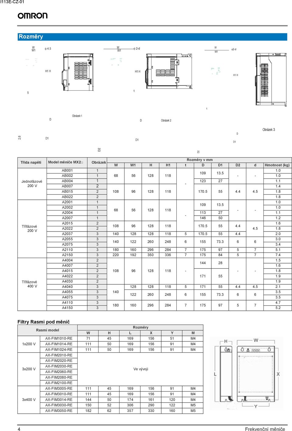 5 W1 W φ 2d W1 W W1 φ2d H1 H H1 H H1 H 5 t t Obrázek 1 D D Obrázek 2 2,6 D1 D1 D1 D Obrázek 3 D2 D2 v mm Třída napětí Model měniče Obrázek W W1 H H1 t D D1 D2 d Hmotnost (kg) AB001 1 1.0 109 13.