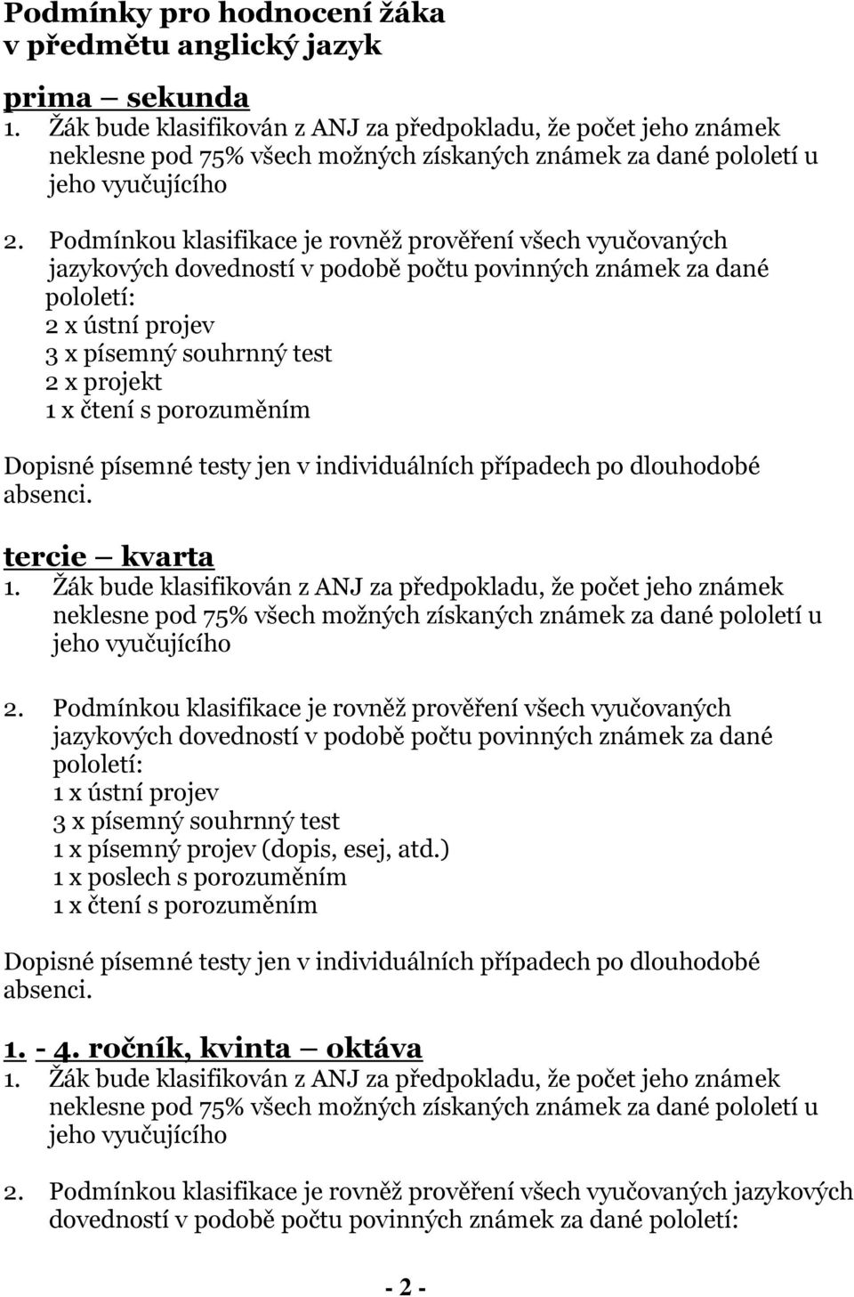 Podmínkou klasifikace je rovněž prověření všech vyučovaných jazykových dovedností v podobě počtu povinných známek za dané pololetí: 2 x ústní projev 3 x písemný souhrnný test 2 x projekt 1 x čtení s