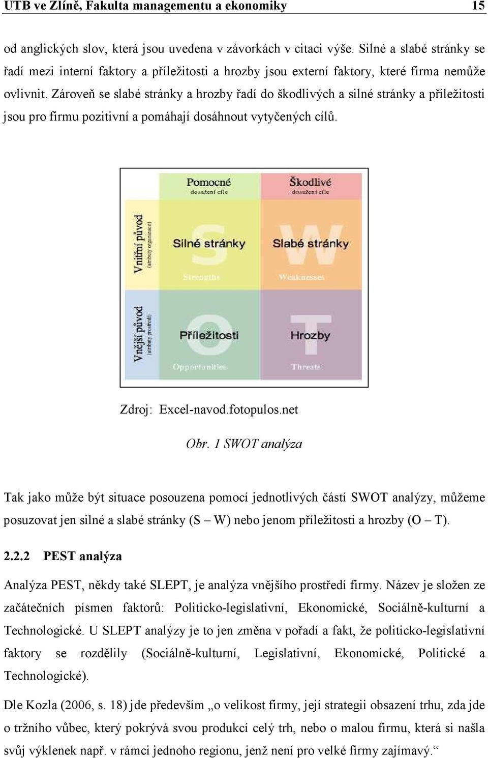 Zároveň se slabé stránky a hrozby řadí do škodlivých a silné stránky a příležitosti jsou pro firmu pozitivní a pomáhají dosáhnout vytyčených cílů. Zdroj: Excel-navod.fotopulos.net Obr.
