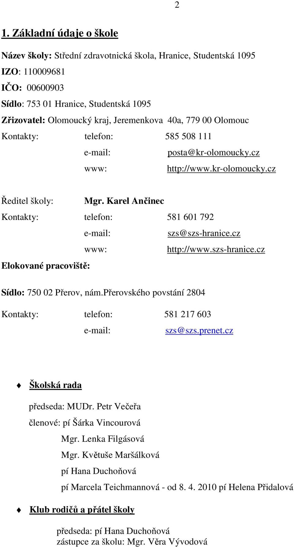 Karel Ančinec Kontakty: telefon: 581 601 792 e-mail: szs@szs-hranice.cz www: http://www.szs-hranice.cz Elokované pracoviště: Sídlo: 750 02 Přerov, nám.