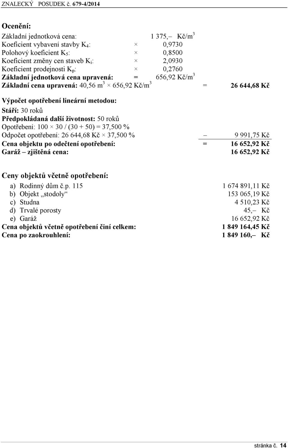 roků Opotřebení: 100 30 / (30 + 50) = 37,500 % Odpočet opotřebení: 26 644,68 Kč 37,500 % 9 991,75 Kč Cena objektu po odečtení opotřebení: = 16 652,92 Kč Garáž zjištěná cena: 16 652,92 Kč Ceny objektů