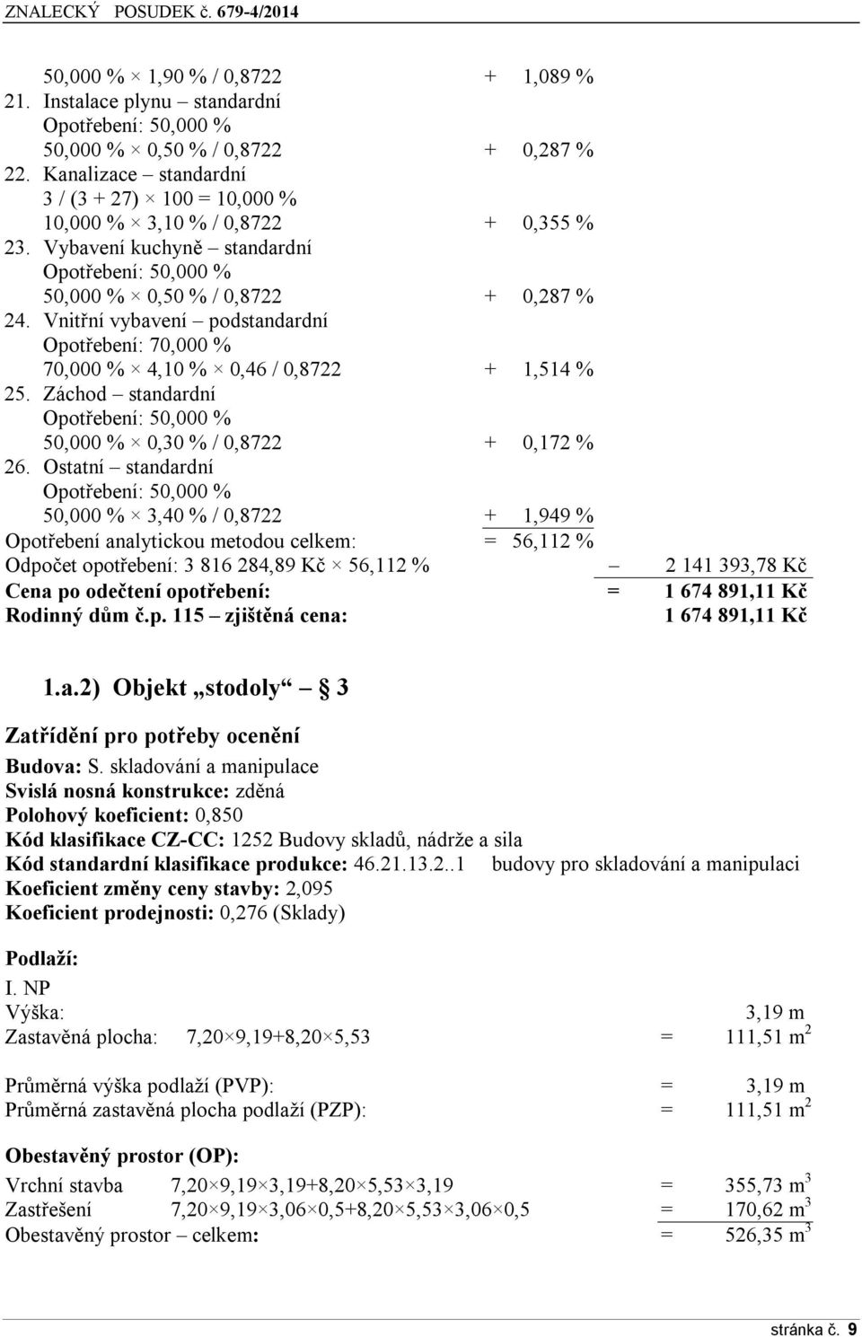 Vnitřní vybavení podstandardní 70,000 % 4,10 % 0,46 / 0,8722 + 1,514 % 25. Záchod standardní Opotřebení: 50,000 % 50,000 % 0,30 % / 0,8722 + 0,172 % 26.