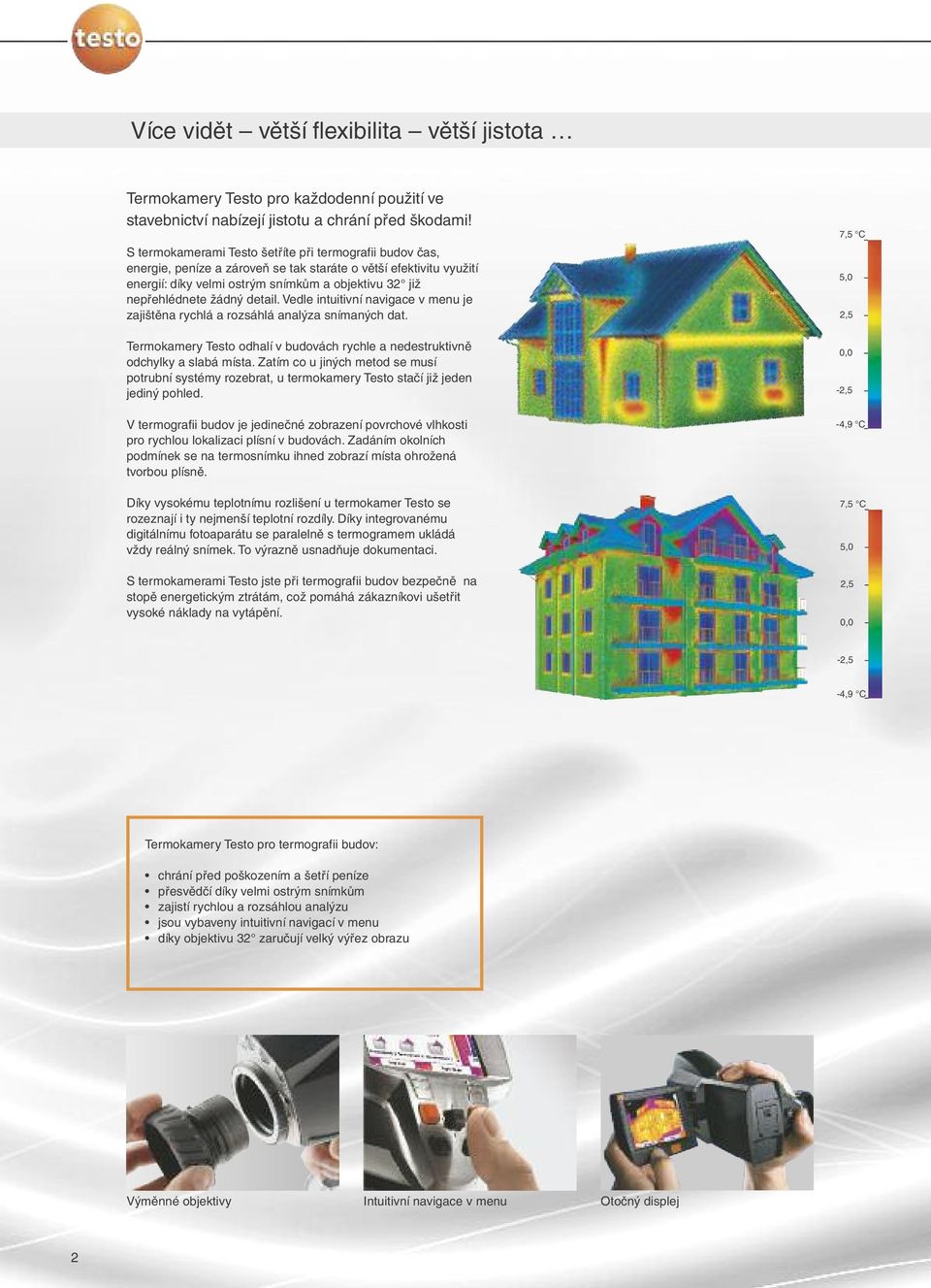 detail. Vedle intuitivní navigace v menu je zajištěna rychlá a rozsáhlá analýza snímaných dat. Termokamery Testo odhalí v budovách rychle a nedestruktivně odchylky a slabá místa.